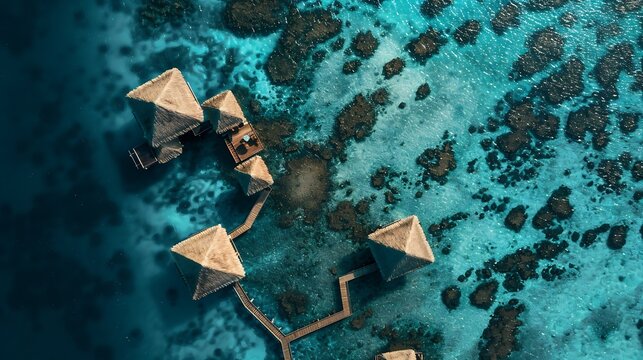 Aerial view of wooden huts from a luxury hotel along the reef in Tahiti French Polynesia : Generative AI