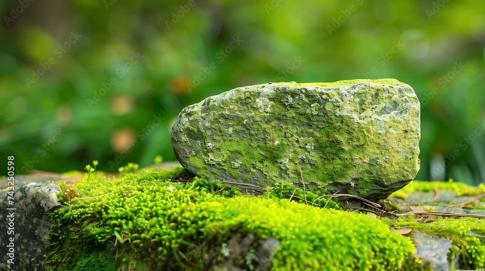 Fototapete a stone covered with green moss in the forest wide banner copy space for product display design mont