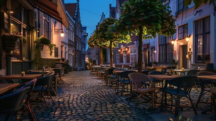 Fototapeta na wymiar Cozy restaurant on streets of the old town at night Paving stones of night Brugge : Generative AI