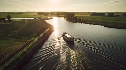 Aerial view of solar panel boats navigating through the farmlands in Harlingen Friesland The Netherlands : Generative AI - obrazy, fototapety, plakaty
