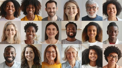 Many happy diverse ethnicity different young and old people group headshots in collage mosaic collection Lot of smiling multicultural faces looking at camera Human resource society dat : Generative AI