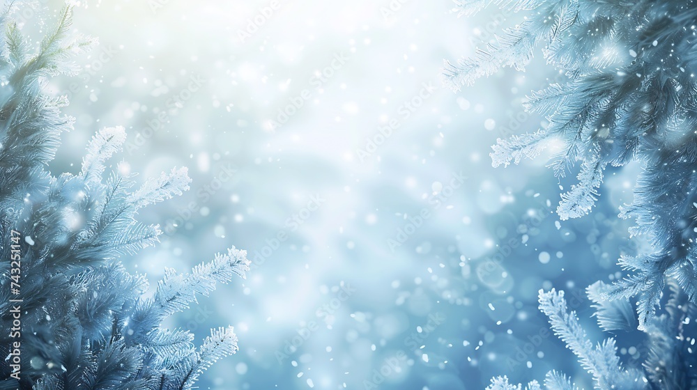 Leinwandbilder blue winter christmas nature background frame banner format snowcovered fir branches against defocus