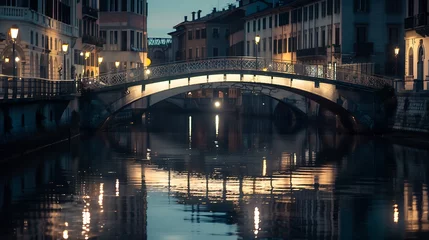 Gordijnen Bridge across the Naviglio Grande canal at the evening in Milan Italy : Generative AI © Generative AI