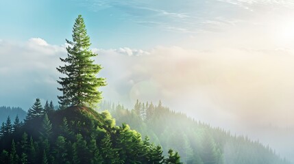 Beautiful natural landscape with coniferous tree on top of mountain against background of forest and blue sky in morning Panorama : Generative AI