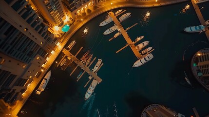 Obraz premium Aerial view of Dubai Marina with moored boats and skyscrapers UAE : Generative AI