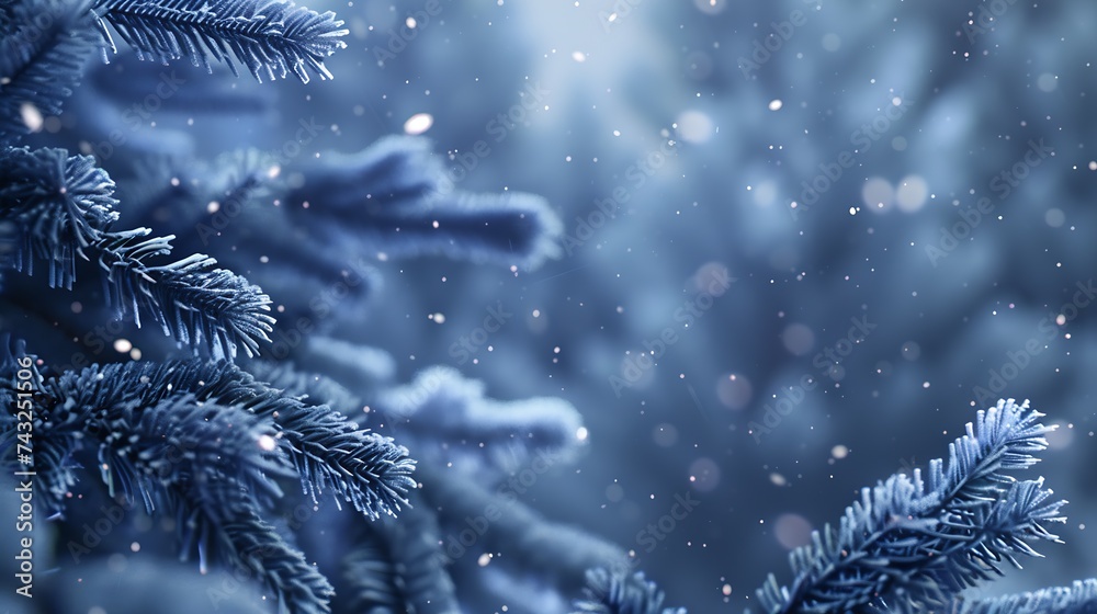 Aufkleber blue winter christmas nature background banner format snowcovered fir branches against defocused blu