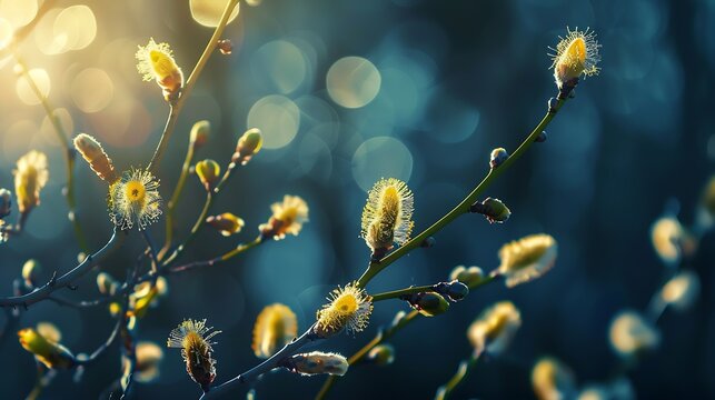 Flowering willow branches glow in sunlight outdoors in spring on dark background closeup macro Atmospheric artistic image with beautiful bokeh : Generative AI