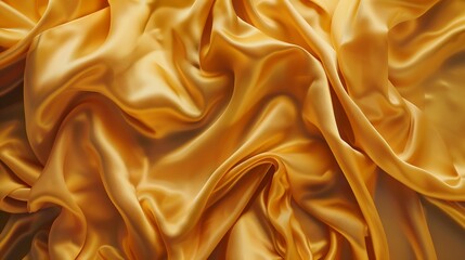 Yellow silk satin Draped fabric golden color Luxury background Space for design Template Flat lay...