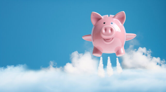 Pink Pig Flying Through Sky With Clouds - Powered by Adobe