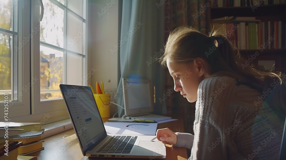 Poster Beautiful student learning doing homework on line with a laptop in a desk at home with a window in the background : Generative AI