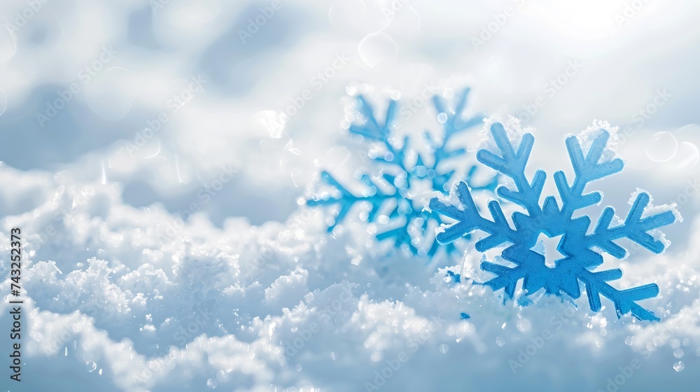 Poster light soft snowy christmas background backdrop decorative blue snowflakes closeup macro in snow on n