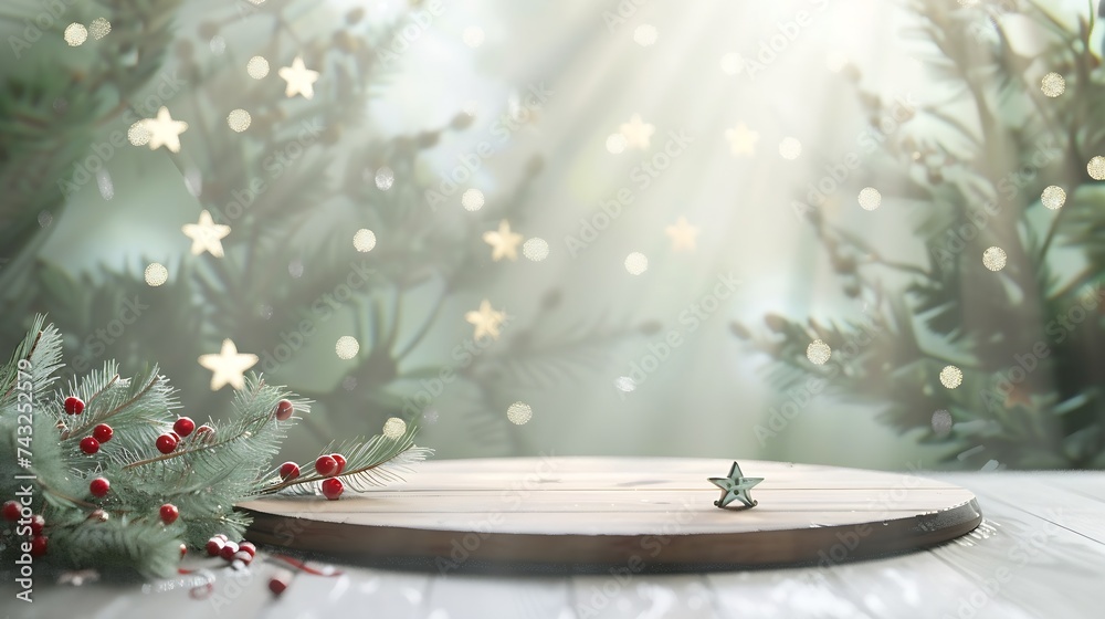 Leinwandbilder festive christmas stage scene background framing fir branches decorated with stars and red berries a