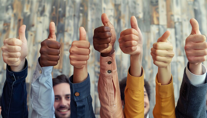 Multi-ethnic group showing thumbs up, symbolizing approval and teamwork