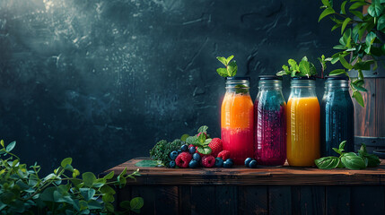 Assorted fresh fruit smoothies on wood, vibrant healthy drink concept.