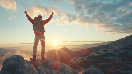 Hiker with backpack raising arms up on the top of the mountain Successful man celebrating victory : Generative AI - obrazy, fototapety, plakaty