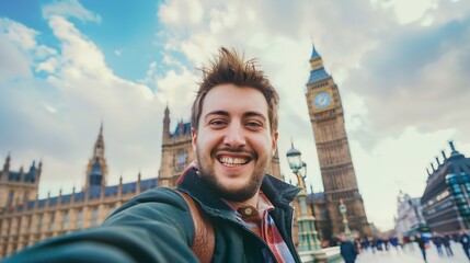 Smiling man taking selfie portrait during travel in London England Young tourist male taking memory pic with iconic england landmark Happy people wandering around Europe concept : Generative AI - obrazy, fototapety, plakaty