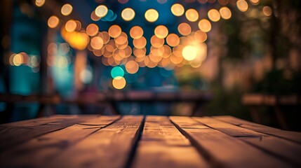 background Image of wooden table in front of street abstract blurred lights view : Generative AI - obrazy, fototapety, plakaty