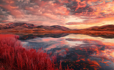 Fiery Sunset Reflection over Tranquil Lake Landscape