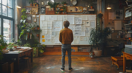 Rear view of a man contemplating project plans on a studio wall.