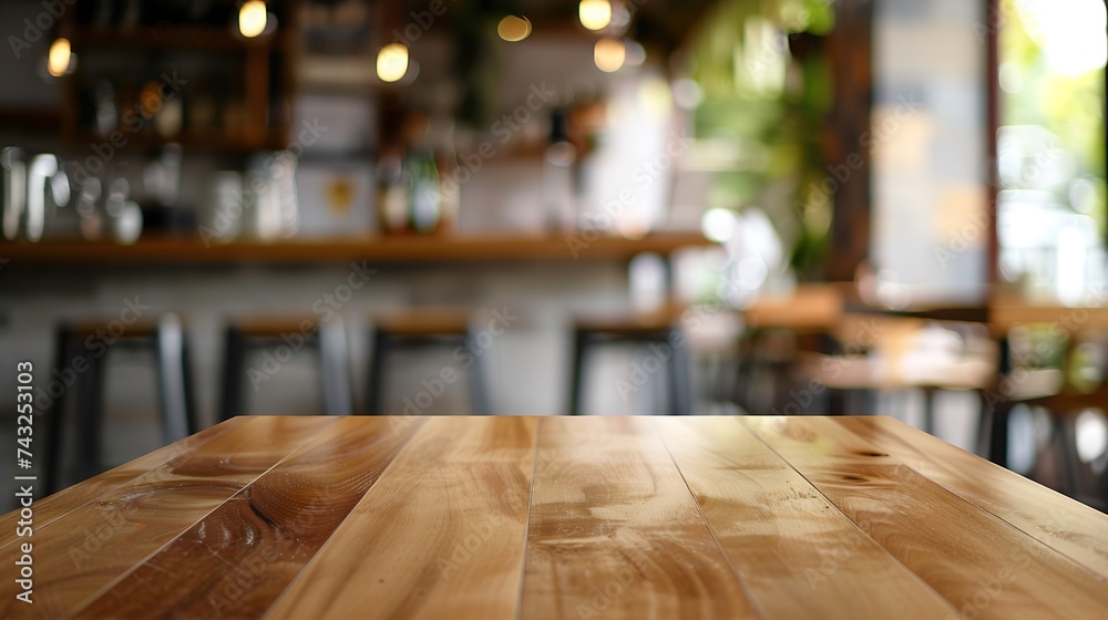 Aufkleber Top of empty wood table with Bar Cafe Restaurant blurred background product display template Business presentation : Generative AI
