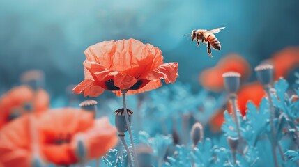 Red poppy flower in a blooming blue field and a bee in nature closeup macro Soft selective focus : Generative AI - obrazy, fototapety, plakaty