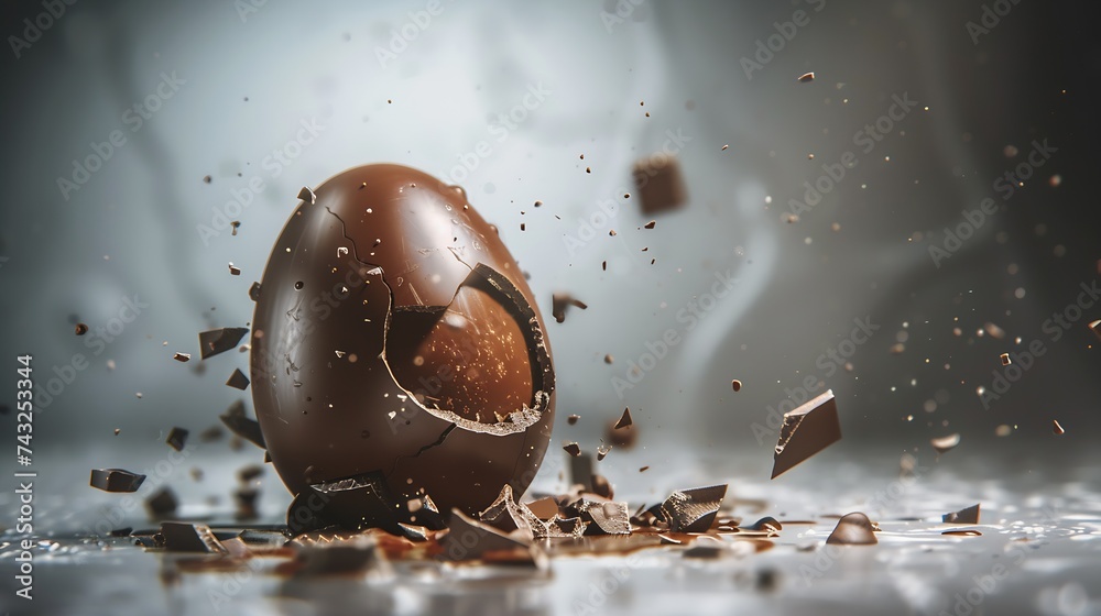 Poster exploded milk chocolate egg on grey background : generative ai