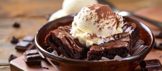 A rich chocolate dessert featuring double chocolate brownies topped with creamy vanilla ice cream and sprinkled with chocolate chunks, creating a mouthwatering and indulgent treat. - obrazy, fototapety, plakaty