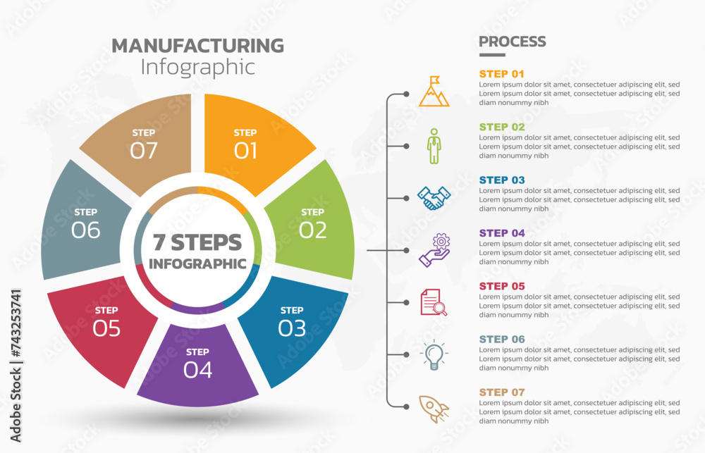 Aufkleber Visual data presentation. Cycle diagram with 7 options. Pie Chart Circle infographic template with 7 steps, options, parts, segments. Business concept. Marketing infographic vector illustration. 