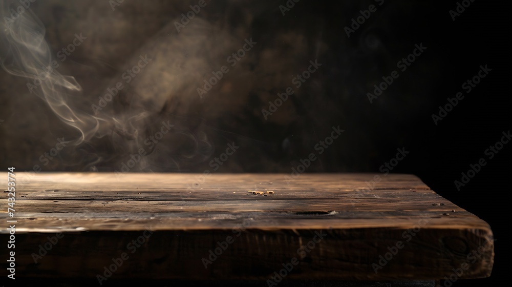 Poster old wood table top with smoke in the dark background : generative ai