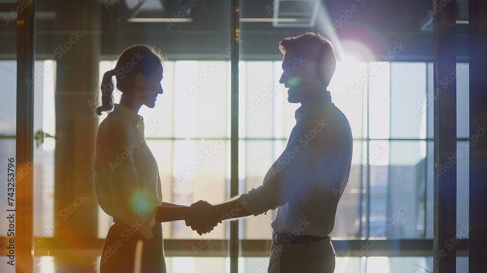 Poster happy businesswoman handshaking with client closing deal in an office interior with a window in the 