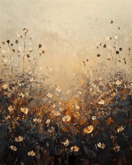 field flowers sun setting background gold silver tones furry haunting brush strokes gloomy - obrazy, fototapety, plakaty