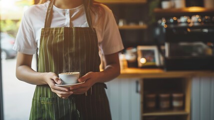 small business people and service concept woman or waiter in apron with holder and tamper preparing coffee at coffee shop : Generative AI