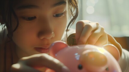 Close up young female putting coin in piggy bank Woman saving money for household payments utility bills calculating monthly family budgets making investments or strategy for personal  : Generative AI - obrazy, fototapety, plakaty