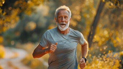 An elderly man maintaining health and vitality by jogging through a foggy, autumn-colored forest.