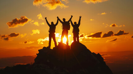 A group of hikers celebrate their achievement with raised hands against a stunning sunset atop a...