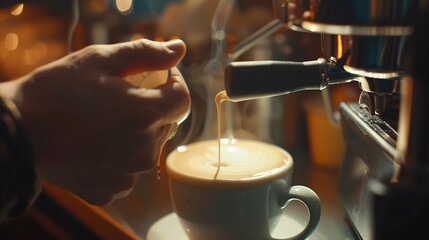 Close up barista hands pouring warm milk in coffee cup for making latte art : Generative AI