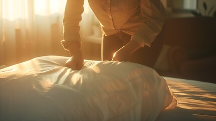 Woman putting white fitted sheet over mattress on bed indoors closeup : Generative AI - Powered by Adobe