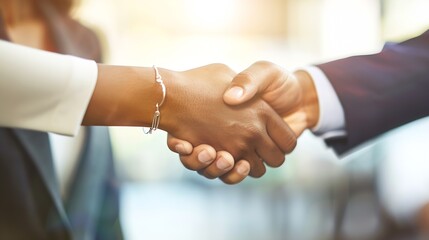 Recruiter shaking successful smiling Indian businesswoman candidate hand at meeting congratulating with getting new job manager making great deal with customer diverse business partner : Generative AI