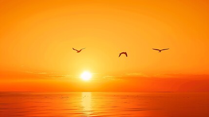 Fiery orange sunset Dramatic golden sky at the sunset background with Seagulls flying over the sea : Generative AI