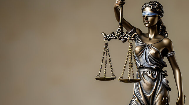 A bronze sculpture of justice, a woman blindfolded holding the balance scale against a flat background with copy space