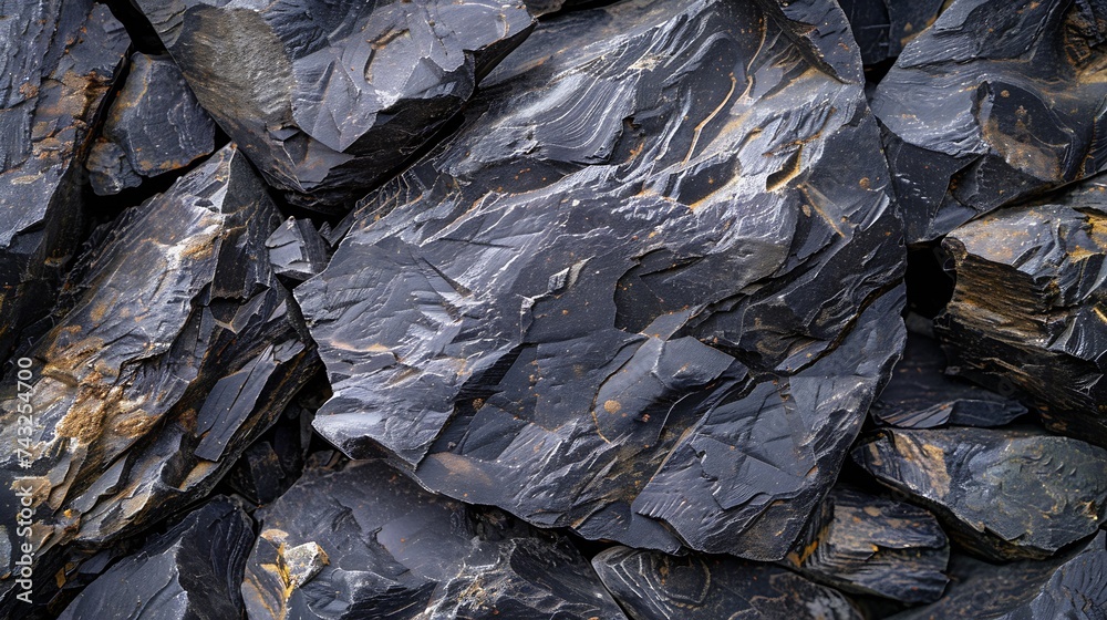 Fototapete volumetric rock texture with cracks black stone background with copy space for design wide banner : 