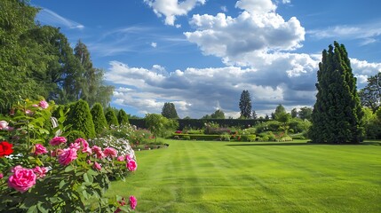 Pink shrub rose on beautiful manicured garden plot with green lawn and landscaping against blue sky with clouds on warm sunny summer day : Generative AI - Powered by Adobe