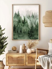 closeup wall above wooden table winter forest landscape poster template overlooking vast serene society centered listing pine trees stood