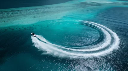 Fotobehang Aerial View of a jet ski Vashafaru Haa Alif Atoll Maldives Indian Ocean riding circles : Generative AI © Generative AI