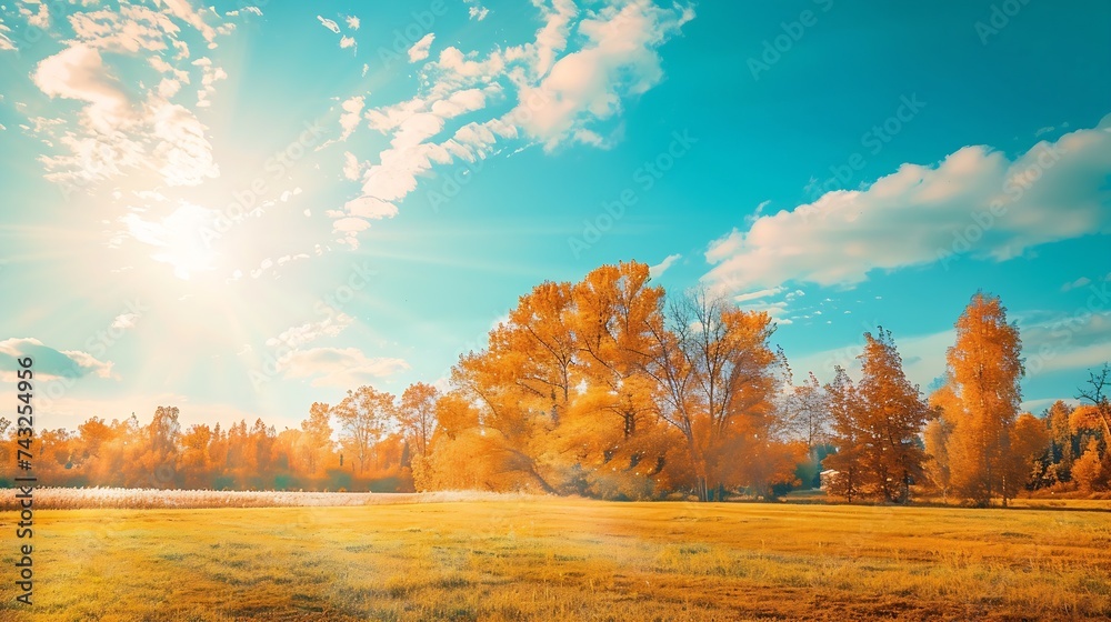 Poster beautiful bright autumn nature landscape wide format with golden yellow and and orange trees glows i