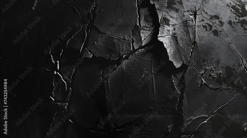 Poster Black and white background Black stone texture Old concrete wall with cracks Web banner Dark grunge background with copy space for design Horror spooky halloween : Generative AI