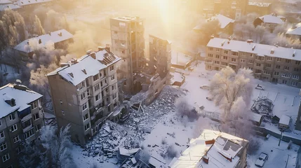 Fotobehang Kiev Ukraine 08 March 2023 Aerial view of bombed residential building with snow in winter during the war between Russia and Ukraine : Generative AI © Generative AI