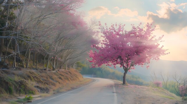 Beautiful Cherry blossom tree pink sakura flower on Country road : Generative AI