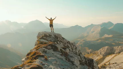Tuinposter Hiker with arms up standing on the top of the mountain Successful man enjoying triumph Sport and success concept : Generative AI © Generative AI