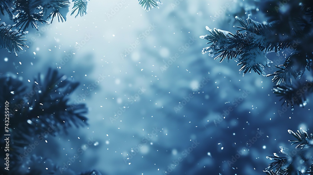 Poster blue winter christmas nature background banner format snowcovered fir branches against defocused blu